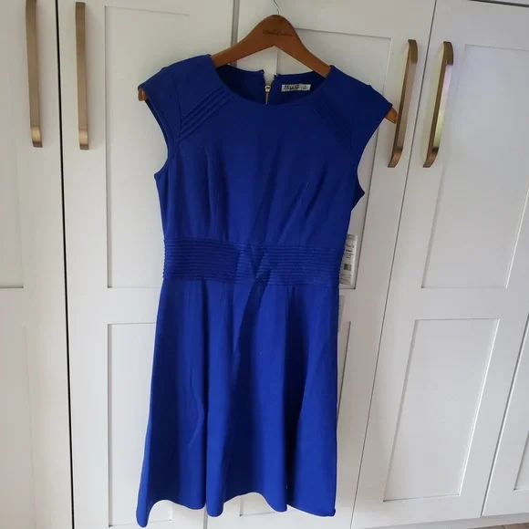 Eliza J Pintucked Waist Seamed Ponte Knit Fit & Flare Dress Blue Size 8 - Picture 2 of 11